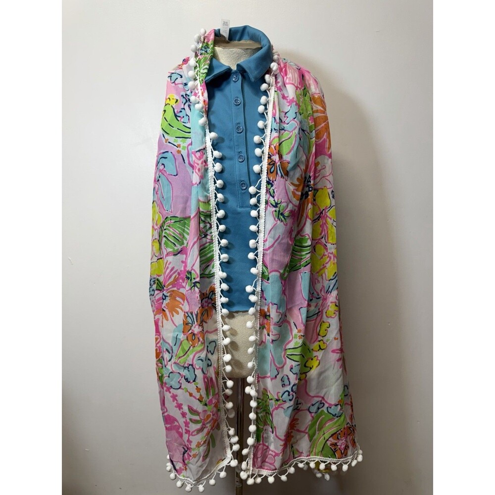 Lilly Pulitzer Nosey Posey Floral Print Scarf White Pom Poms OS Sz 69x43”